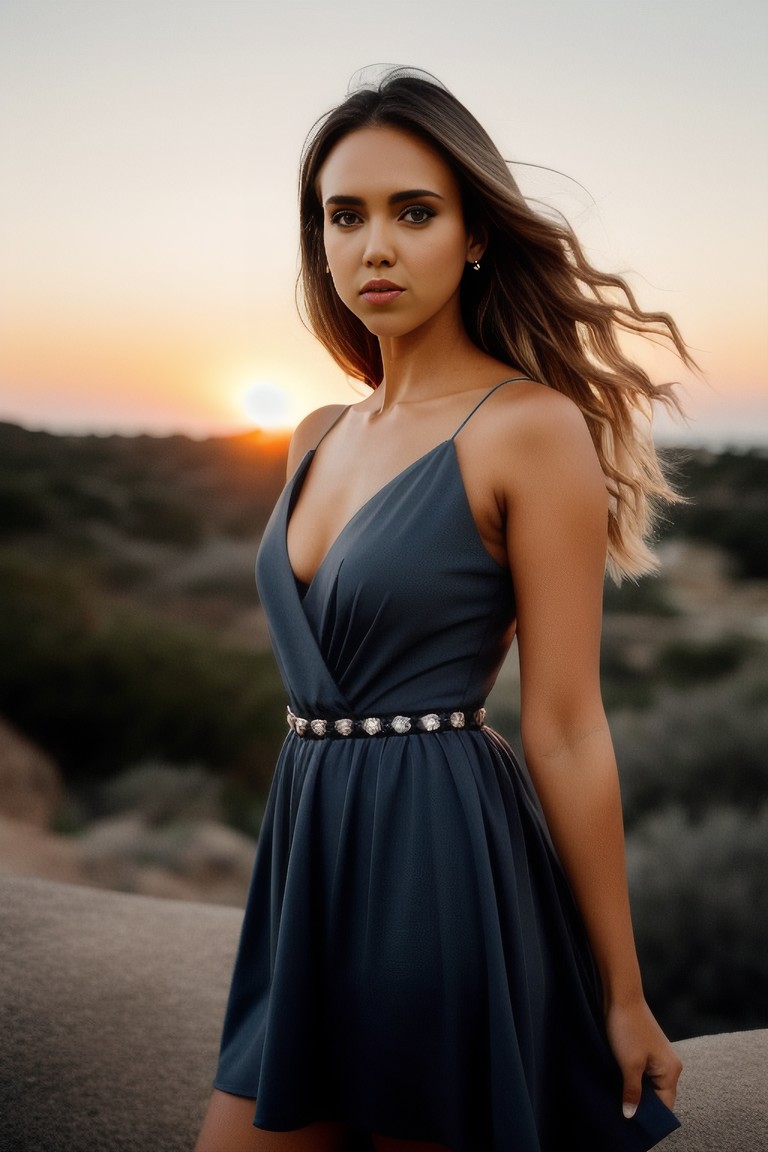 the woman is in the sunset with her hands on hips and wearing a dark dress