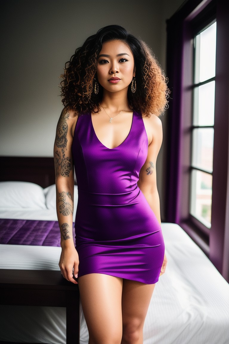 a woman in a purple dress posing on top of her bed