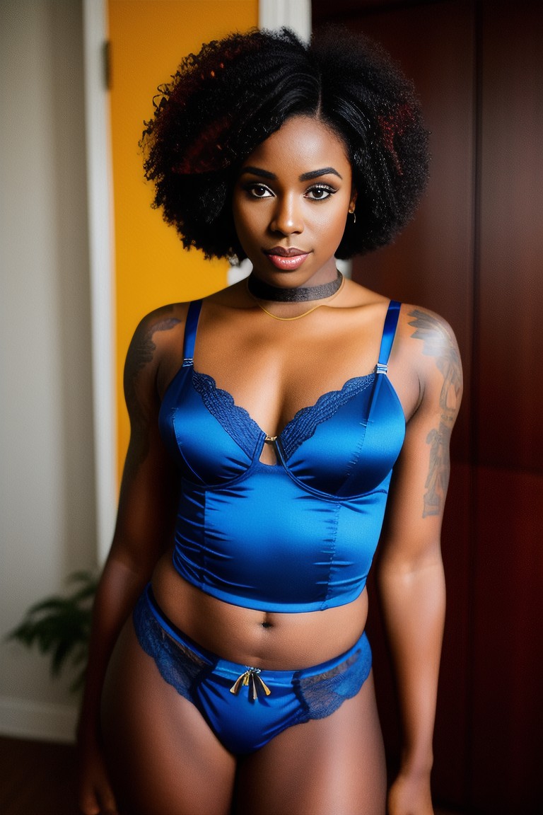 a black woman wearing blue underwear and lingerie