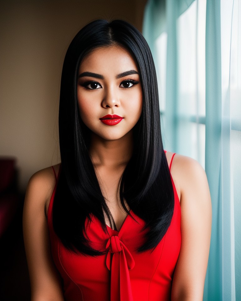 beautiful asian woman in red dress standing near the window